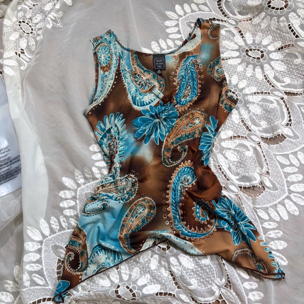 Y2K Boho Fairy Paisley Floral Handkerchief Hem Tank Top Brown Teal M